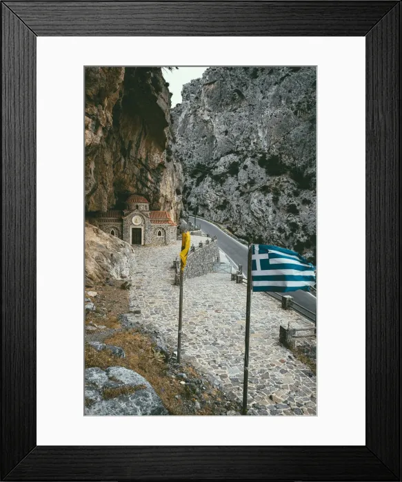 Framed Print : Narrow road crossing Kotsifou gorge nearby the old Agios Nikolaos chapel built in rocks Framed Print : Narrow road crossing Kotsifou gorge nearby the old Agios Nikolaos chapel built in rocks