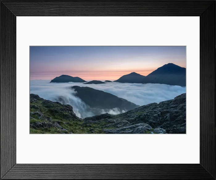 Framed Print : Sunrise behind Bla Bheinn and Marsco with an early morning inversion filling Glen Framed Print : Sunrise behind Bla Bheinn and Marsco with an early morning inversion filling Glen