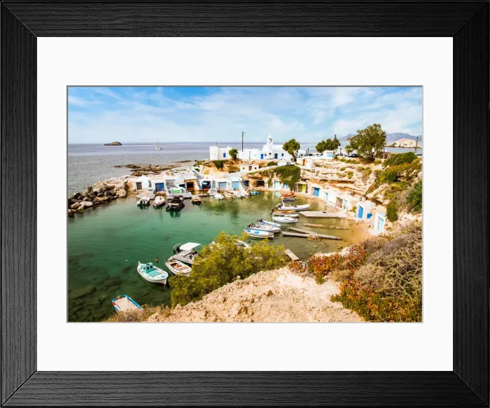 Framed Print : View over fishing harbour with boats and colourful boat houses, Mandrakia, Milos Framed Print : View over fishing harbour with boats and colourful boat houses, Mandrakia, Milos