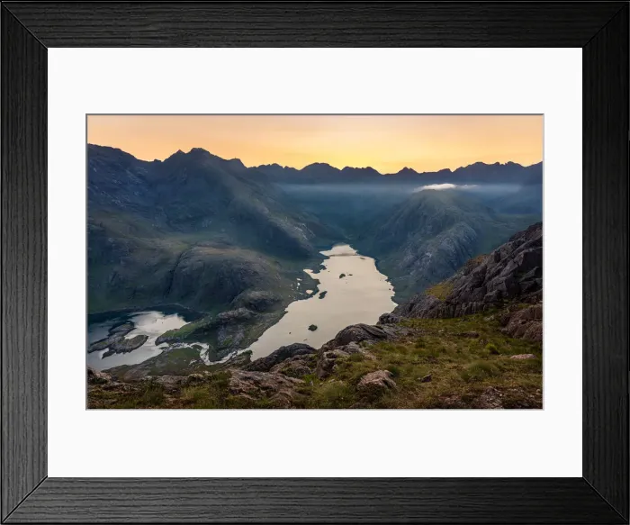 Framed Print : The sun setting behind the Black Cuillin Ridge with the remote Loch Coruisk in the glen Framed Print : The sun setting behind the Black Cuillin Ridge with the remote Loch Coruisk in the glen
