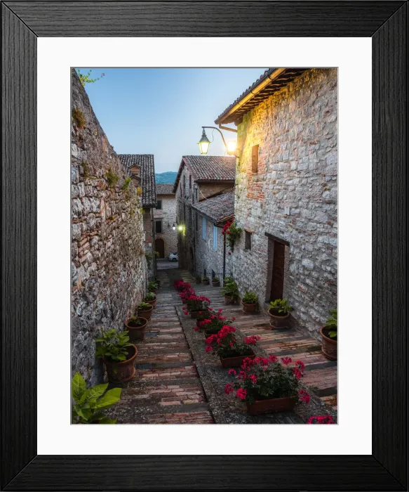 Framed Print : A colorful alley full of flowers at blue hour in Gubbio, Umbria, Italy, Europe Framed Print : A colorful alley full of flowers at blue hour in Gubbio, Umbria, Italy, Europe
