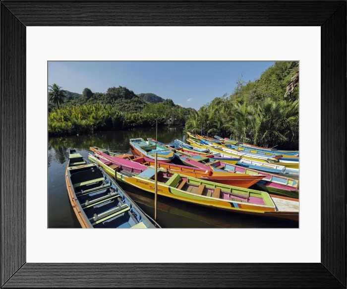 Framed Print : Tourist tour boats on Pute River in karst limestone region, Rammang-Rammang, Maros Framed Print : Tourist tour boats on Pute River in karst limestone region, Rammang-Rammang, Maros