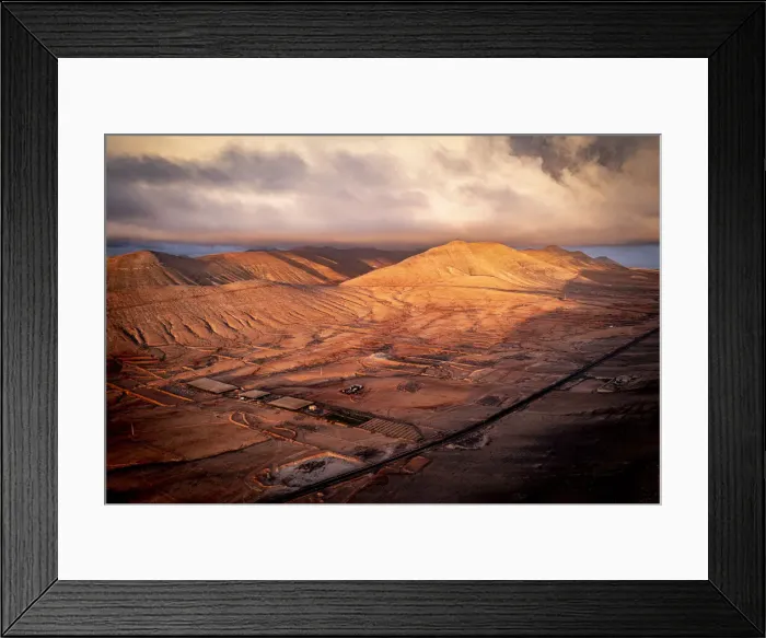 Framed Print : Aerial view of sunrise over the dry desert land of Caldereta, Vallebron, La Oliva Framed Print : Aerial view of sunrise over the dry desert land of Caldereta, Vallebron, La Oliva