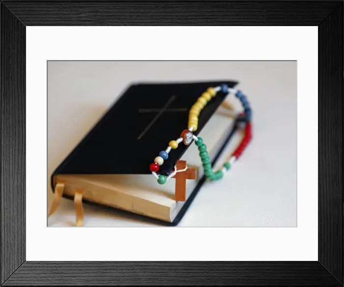 Framed Print : Bible with a colorful rosary, Italy, Europe Framed Print : Bible with a colorful rosary, Italy, Europe