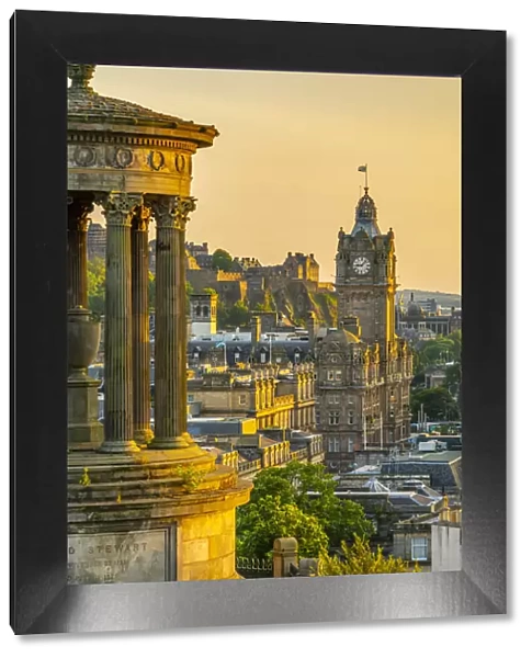 View of Edinburgh Castle, Balmoral Hotel and Dugald Stewart monument from Calton Hill at