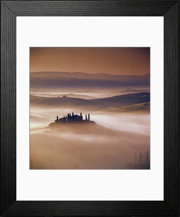 Framed Print : Tuscan farmhouse with cypress trees in misty landscape at sunrise Framed Print : Tuscan farmhouse with cypress trees in misty landscape at sunrise