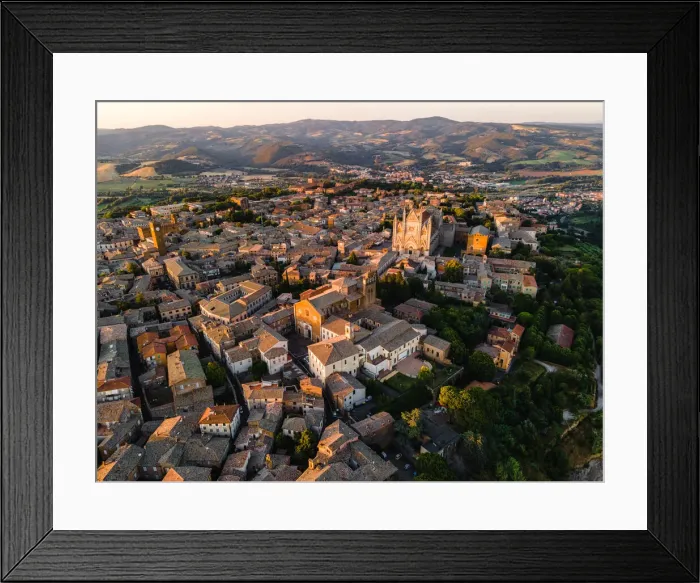 Framed Print : Drone view of Orvietos Old Town cityscape at sunset, Orvieto, Umbria, Italy, Europe