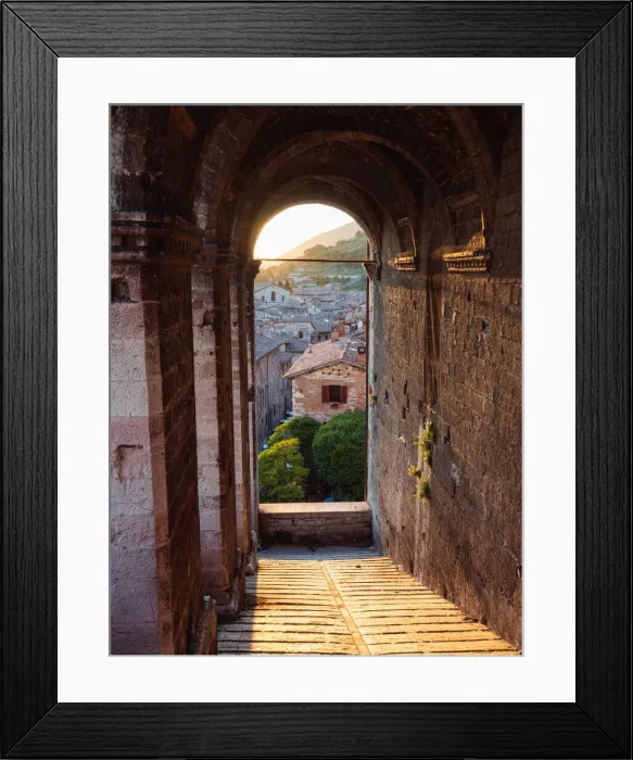 Framed Print : Palazzo dei Consoli and the classic spot below it, at sunset, Gubbio, Umbria, Italy Framed Print : Palazzo dei Consoli and the classic spot below it, at sunset, Gubbio, Umbria, Italy