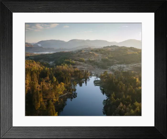 Framed Print : Aerial view over Tarn Hows at dawn, Lake District National Park Framed Print : Aerial view over Tarn Hows at dawn, Lake District National Park