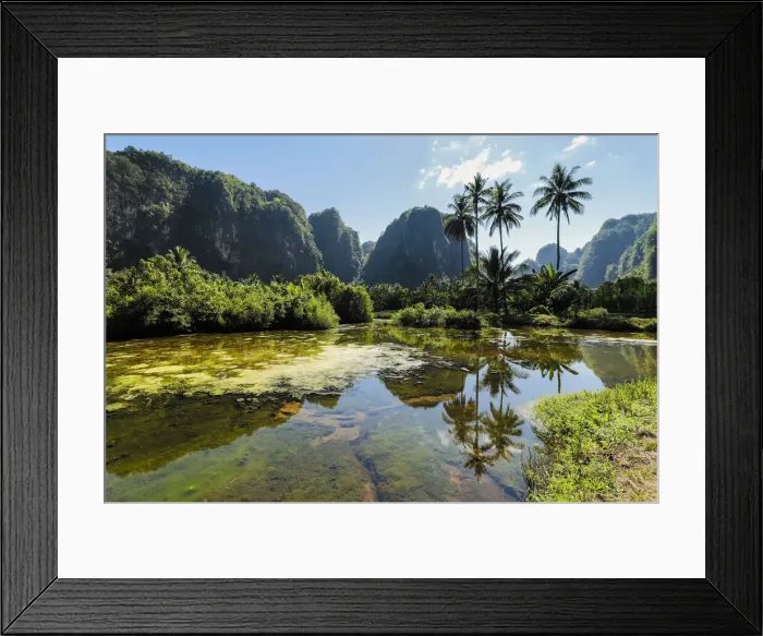 Framed Print : Limestone peaks and palms reflected on fish pond in karst region, Rammang-Rammang, Maros Framed Print : Limestone peaks and palms reflected on fish pond in karst region, Rammang-Rammang, Maros