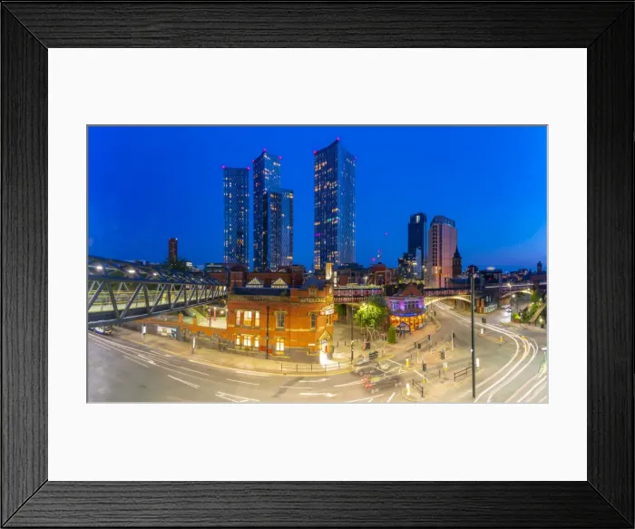 Framed Print : View of Deansgate Station and city skyline at dusk, Manchester, Lancashire, England Framed Print : View of Deansgate Station and city skyline at dusk, Manchester, Lancashire, England