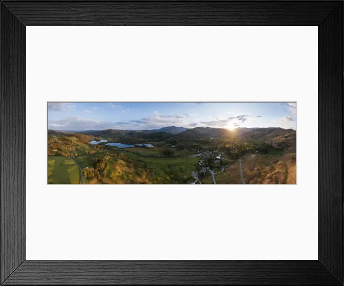 Framed Print : Aerial view of sunset over Elterwater, Lake District National Park Framed Print : Aerial view of sunset over Elterwater, Lake District National Park