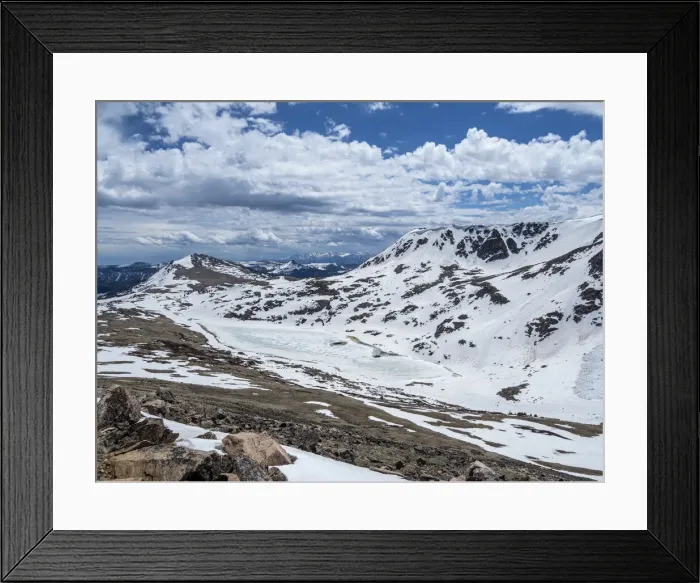 Framed Print : Snow-capped mountains and a frozen lake near Beartooth Pass, Wyoming Framed Print : Snow-capped mountains and a frozen lake near Beartooth Pass, Wyoming