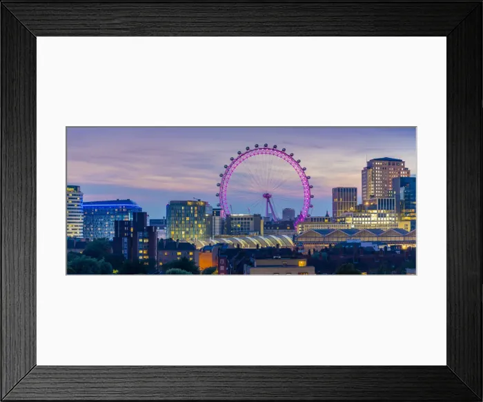 Framed Print : View of the London Eye and rooftop of Waterloo Station at dusk, Waterloo, London, England