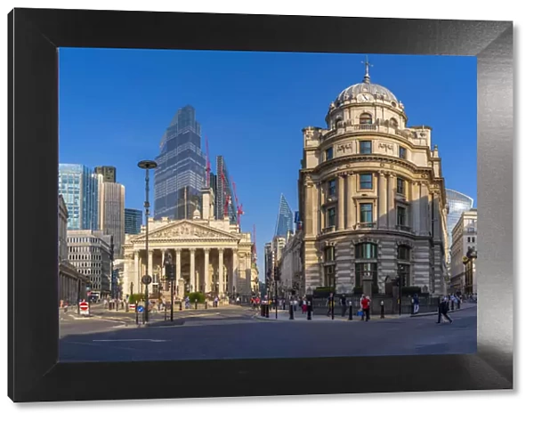 View of the Bank of England and Royal Exchange with The City of London backdrop, London