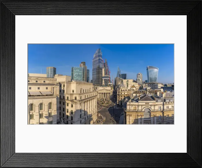 Framed Print : Elevated view of the Royal Exchange with The City of London in the background, London Framed Print : Elevated view of the Royal Exchange with The City of London in the background, London