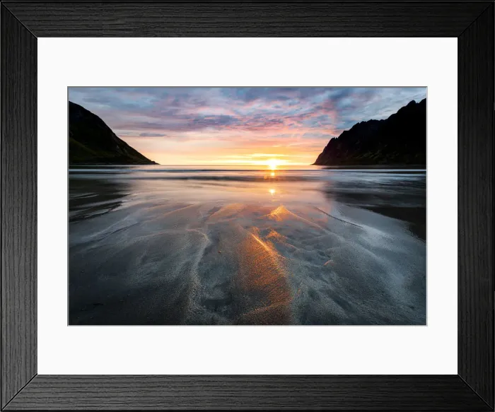 Framed Print : Warm lights of sunset reflecting on sand at Ersfjord beach, Senja island, Troms county Framed Print : Warm lights of sunset reflecting on sand at Ersfjord beach, Senja island, Troms county