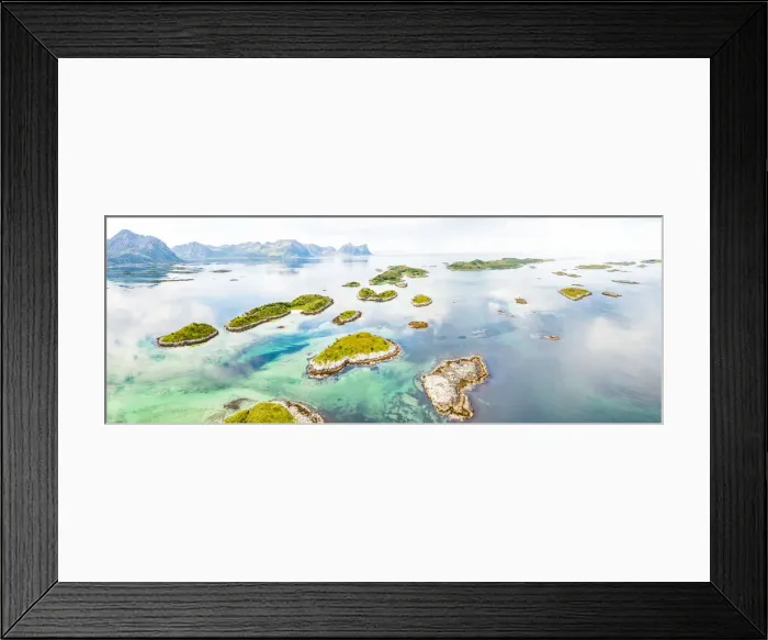 Framed Print : Aerial view of Bergsoyan Islands in the emerald transparent water of the fjord, Senja Framed Print : Aerial view of Bergsoyan Islands in the emerald transparent water of the fjord, Senja