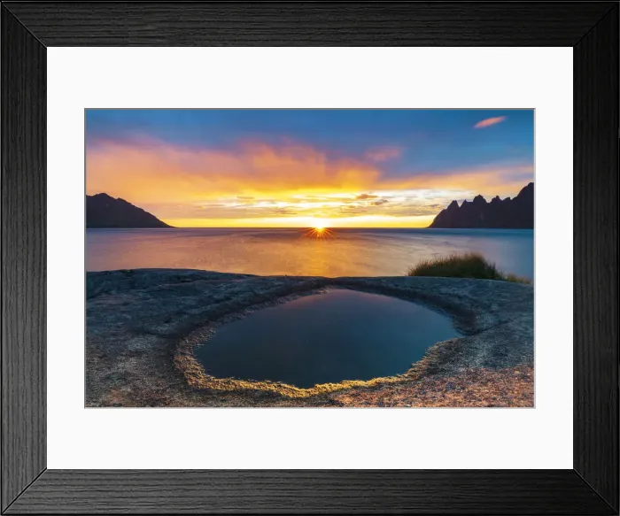 Framed Print : Ersfjord and Steinfjord fjords lit by midnight sun from rock formation at Tungeneset Framed Print : Ersfjord and Steinfjord fjords lit by midnight sun from rock formation at Tungeneset