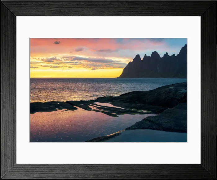 Framed Print : Sharp mountain peaks under the dramatic sky of midnight sun, Tungeneset viewpoint Framed Print : Sharp mountain peaks under the dramatic sky of midnight sun, Tungeneset viewpoint