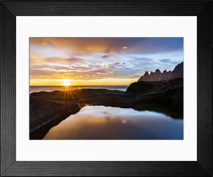 Framed Print : Midnight sun over the fjord and mountain peaks known as Devils Teeth Framed Print : Midnight sun over the fjord and mountain peaks known as Devils Teeth