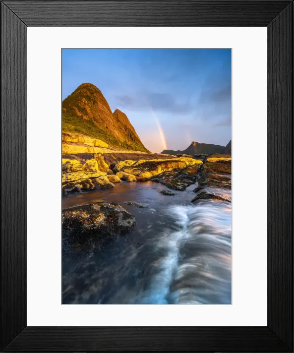 Framed Print : Rainbow over mountains and Arctic sea from Tungeneset viewpoint, Senja, Troms county