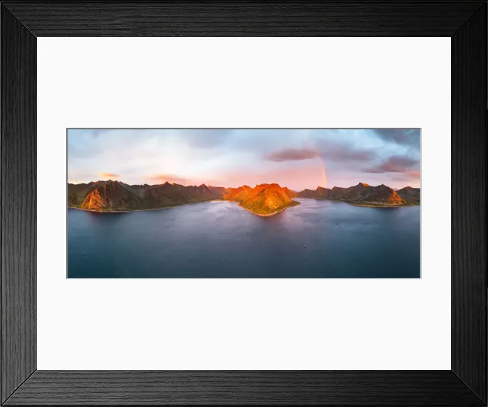 Framed Print : Aerial view of Arctic sea with Ersfjord and Steinfjord fjords under the rainbow Framed Print : Aerial view of Arctic sea with Ersfjord and Steinfjord fjords under the rainbow