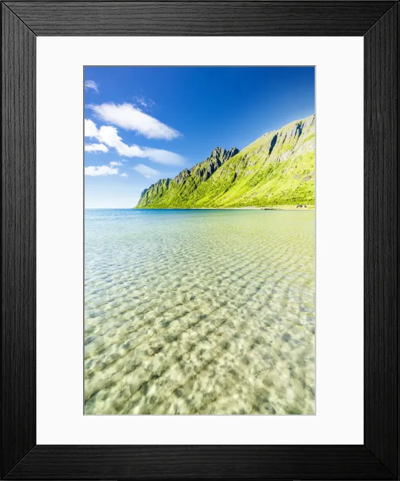 Framed Print : White sand washed by turquoise clear sea with mountains on background, Ersfjord beach Framed Print : White sand washed by turquoise clear sea with mountains on background, Ersfjord beach