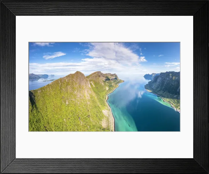 Framed Print : Aerial view of Husfjellet mountain peak overlooking the emerald green water of Steinfjord Framed Print : Aerial view of Husfjellet mountain peak overlooking the emerald green water of Steinfjord