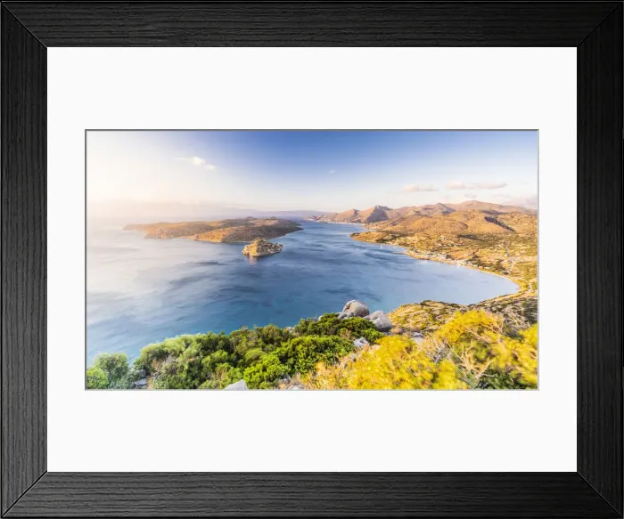 Framed Print : Seaside village of Plaka and Spinalonga island seen from mountains at dawn, Mirabello bay Framed Print : Seaside village of Plaka and Spinalonga island seen from mountains at dawn, Mirabello bay