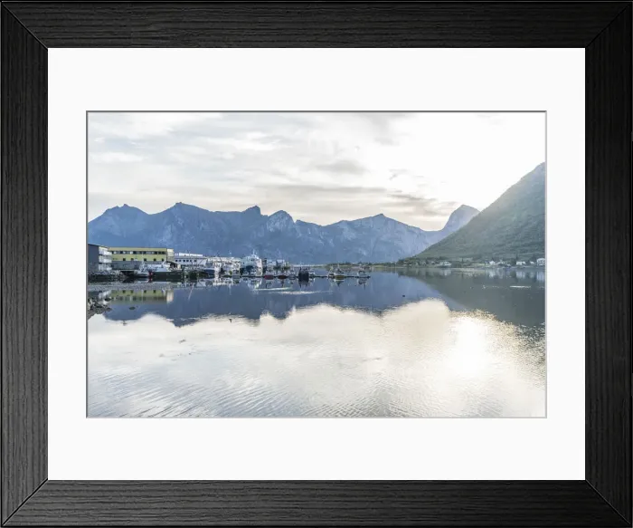 Framed Print : Fishing boats moored in the harbor of Senjahopen along Mefjord at dawn, Senja Framed Print : Fishing boats moored in the harbor of Senjahopen along Mefjord at dawn, Senja