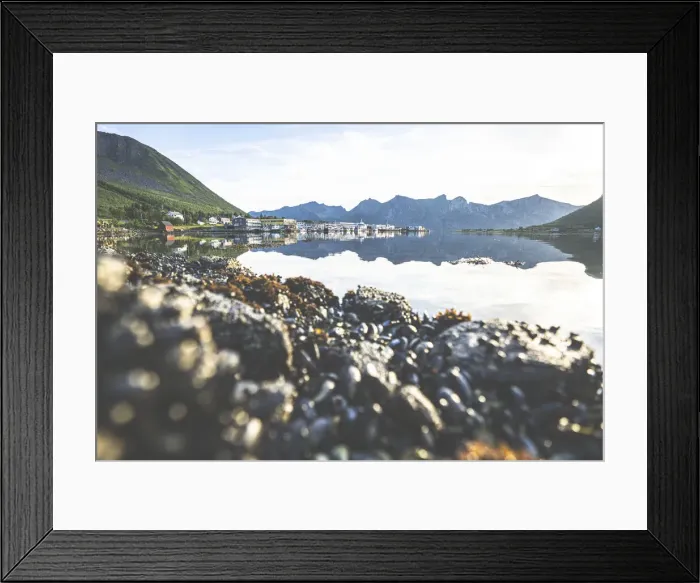 Framed Print : Small fishing harbor of Senjahopen lit by sunrise, Mefjord, Senja, Troms county, Norway Framed Print : Small fishing harbor of Senjahopen lit by sunrise, Mefjord, Senja, Troms county, Norway