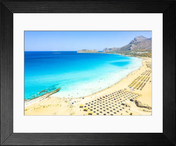 Framed Print : Beach umbrellas and sunbeds on white sand of Falassarna beach overlooking the crystal sea Framed Print : Beach umbrellas and sunbeds on white sand of Falassarna beach overlooking the crystal sea