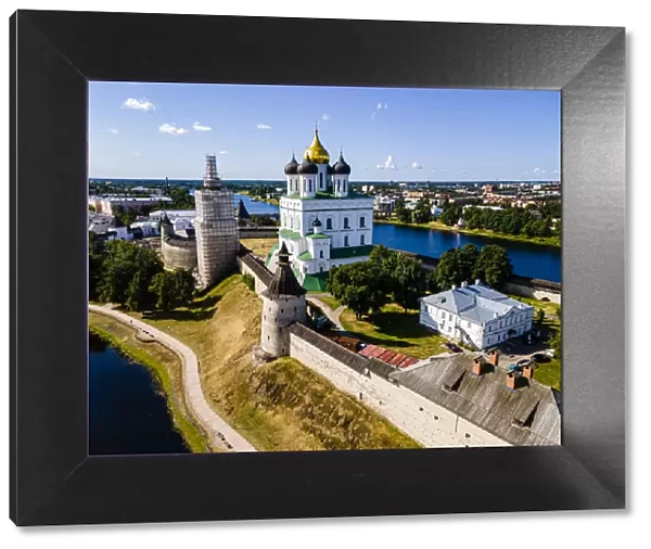 Aerial of the Kremlin and the Trinity Cathedral in Pskov, UNESCO World Heritage Site