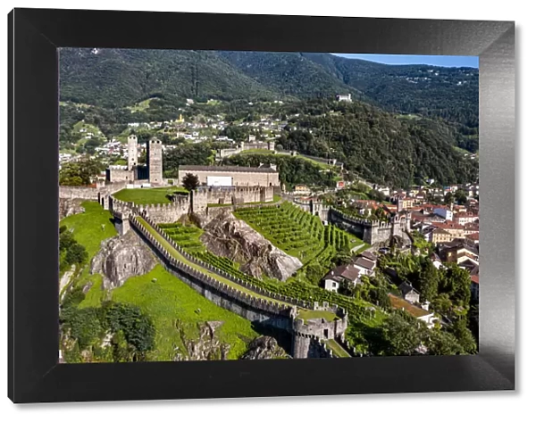 Aerial of the Castlegrande, Three Castles of Bellinzona UNESCO World Heritage Site