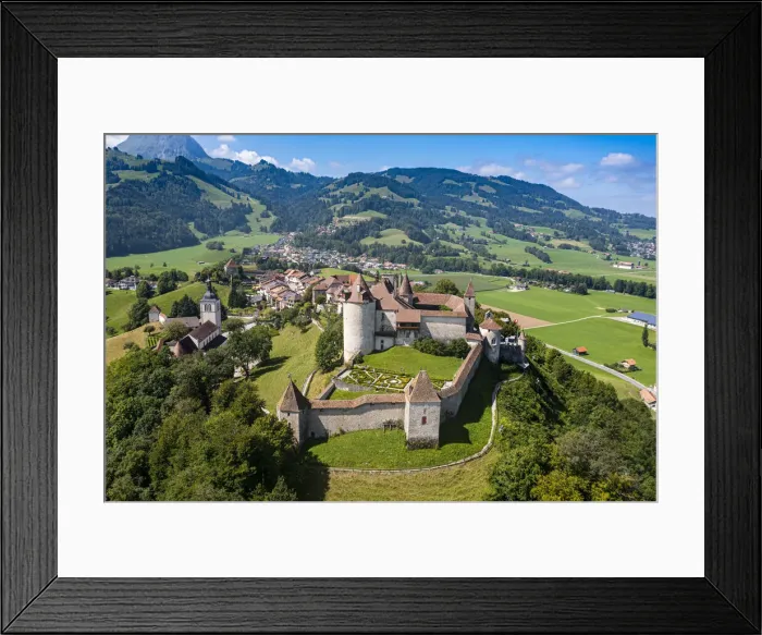 Framed Print : Aerial of Gruyere Castle, Fribourg, Switzerland, Europe Framed Print : Aerial of Gruyere Castle, Fribourg, Switzerland, Europe