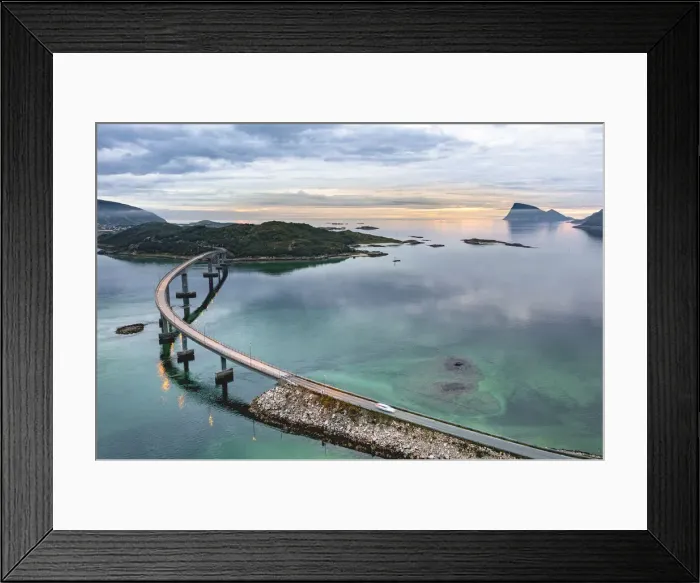 Framed Print : Aerial view of car traveling on Sommaroy bridge at sunset, Sommaroy, Troms county Framed Print : Aerial view of car traveling on Sommaroy bridge at sunset, Sommaroy, Troms county