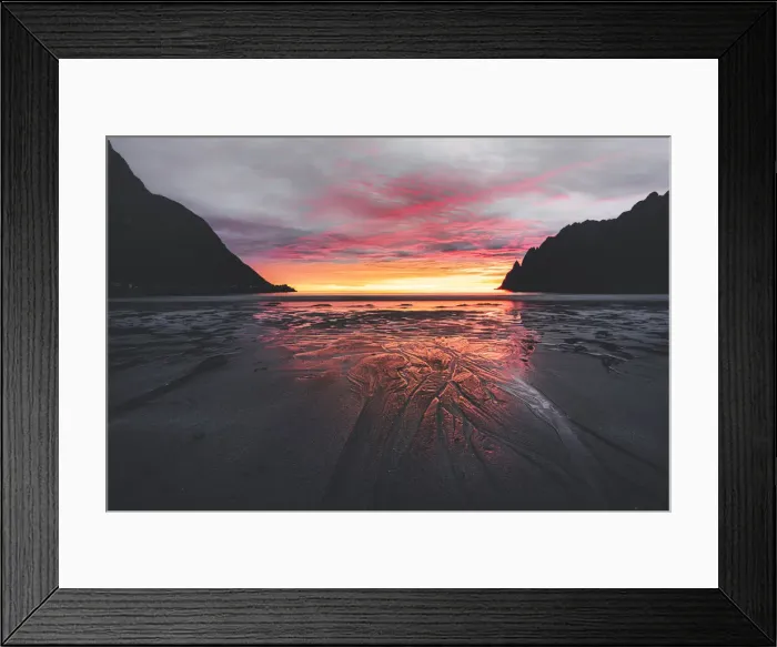 Framed Print : Empty Ersfjord beach against the cloudy sky and midnight sun, Senja island, Troms county Framed Print : Empty Ersfjord beach against the cloudy sky and midnight sun, Senja island, Troms county