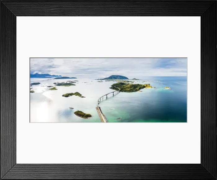 Framed Print : Aerial panoramic of Sommaroy bridge and crystal sea, Sommaroy, Troms county Framed Print : Aerial panoramic of Sommaroy bridge and crystal sea, Sommaroy, Troms county