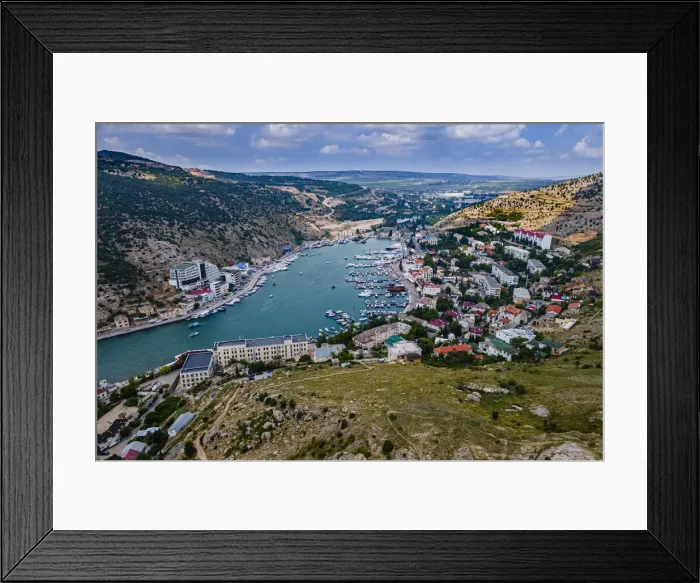 Framed Print : Aerial of the castle and bay of Balaklava, Crimea, Russia, Europe Framed Print : Aerial of the castle and bay of Balaklava, Crimea, Russia, Europe