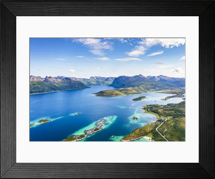 Framed Print : Aerial view of Bergsoyan Islands and Bergsbotn scenic route along the fjord, Skaland Framed Print : Aerial view of Bergsoyan Islands and Bergsbotn scenic route along the fjord, Skaland
