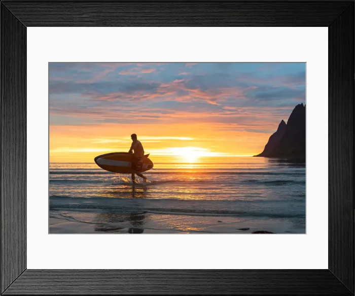 Framed Print : Stand up paddle boarder man admiring midnight sun walking back to the beach, Ersfjord Framed Print : Stand up paddle boarder man admiring midnight sun walking back to the beach, Ersfjord