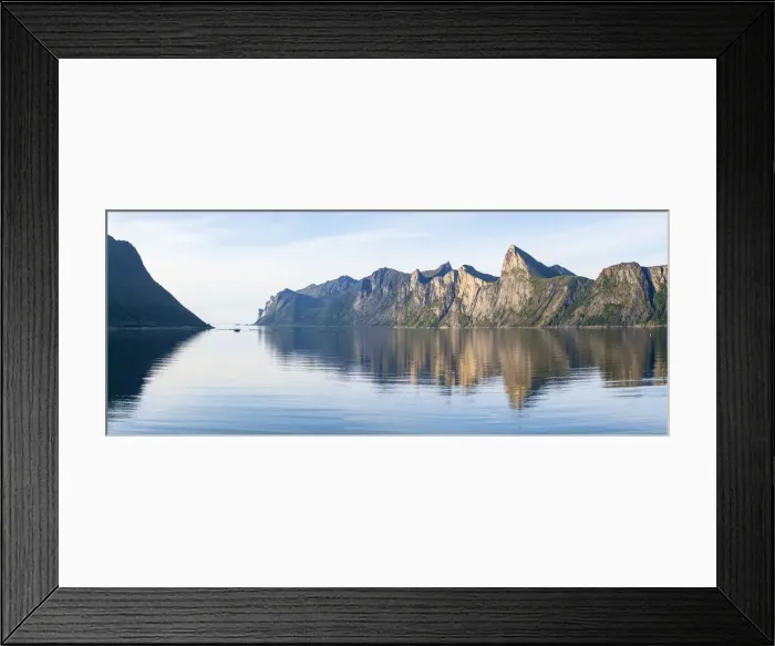 Framed Print : Majestic mountains Segla and Hesten along the unspoiled waters of Mefjord, Senja Framed Print : Majestic mountains Segla and Hesten along the unspoiled waters of Mefjord, Senja