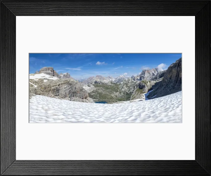 Framed Print : Panoramic of Forcella Dei Laghi mountain path leading to Rifugio Locatelli hut in summer Framed Print : Panoramic of Forcella Dei Laghi mountain path leading to Rifugio Locatelli hut in summer