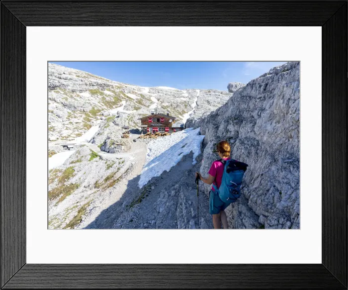 Framed Print : Woman enjoying the hike towards rifugio Pian di Cengia (Buellelejoch) hut in summer Framed Print : Woman enjoying the hike towards rifugio Pian di Cengia (Buellelejoch) hut in summer