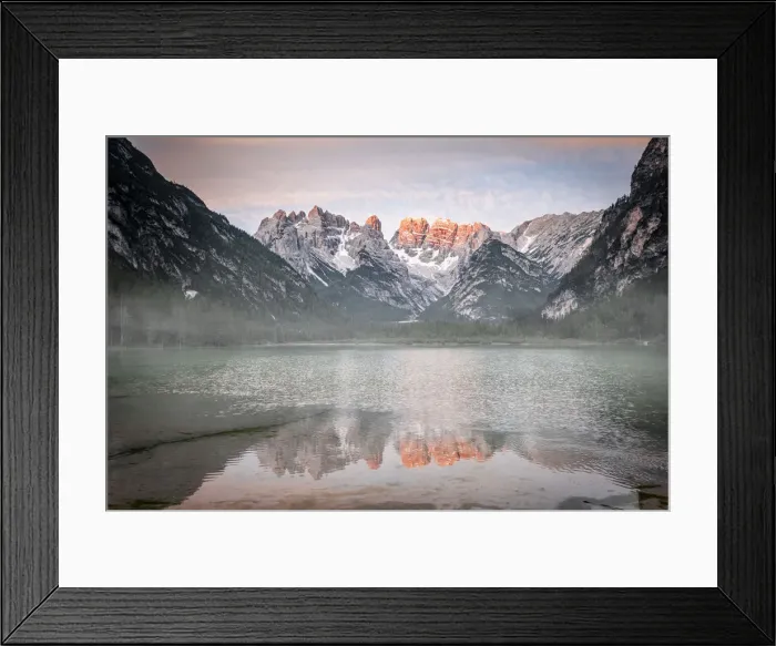 Framed Print : Popena group and Monte Cristallo mirrored in lake Landro (Durrensee) in the mist at dawn Framed Print : Popena group and Monte Cristallo mirrored in lake Landro (Durrensee) in the mist at dawn