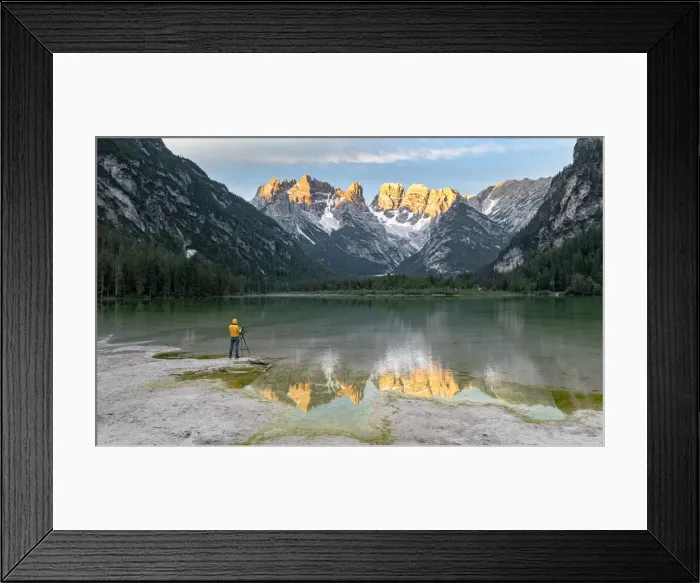 Framed Print : Photographer with tripod admiring the Dolomites at dawn from lake Landro, Dolomites Framed Print : Photographer with tripod admiring the Dolomites at dawn from lake Landro, Dolomites