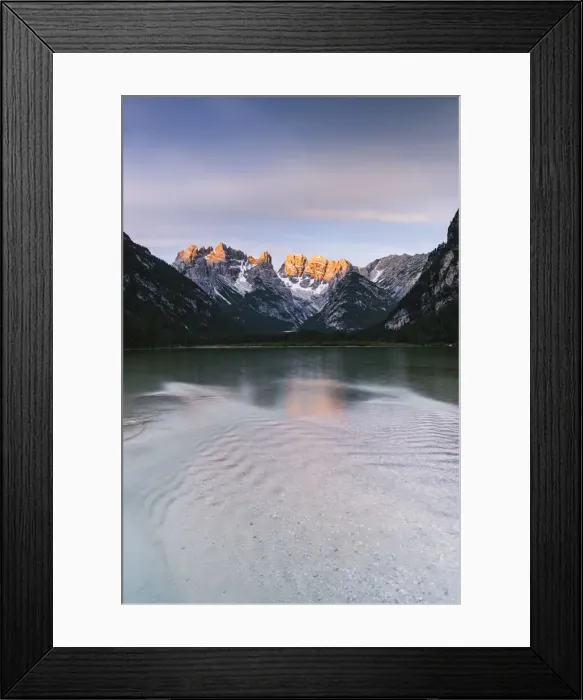 Framed Print : Lake Landro (Durrensee) at dawn with Popena group and Cristallo on background, Dolomites Framed Print : Lake Landro (Durrensee) at dawn with Popena group and Cristallo on background, Dolomites