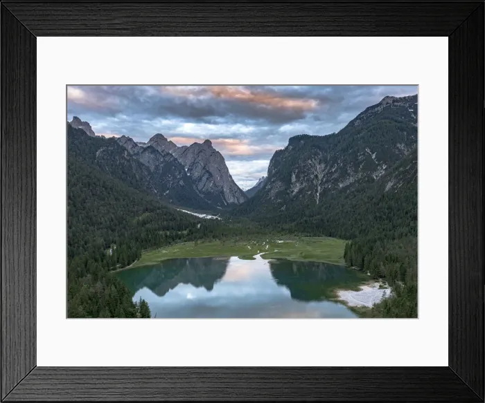 Framed Print : Aerial view of mountains reflected in lake Dobbiaco at sunset, Dobbiaco (Toblach) Framed Print : Aerial view of mountains reflected in lake Dobbiaco at sunset, Dobbiaco (Toblach)