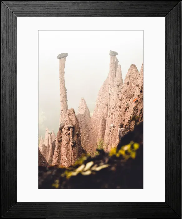 Framed Print : Conical rock pillars of the earth pyramids emerging from fog, Renon (Ritten), Bolzano Framed Print : Conical rock pillars of the earth pyramids emerging from fog, Renon (Ritten), Bolzano